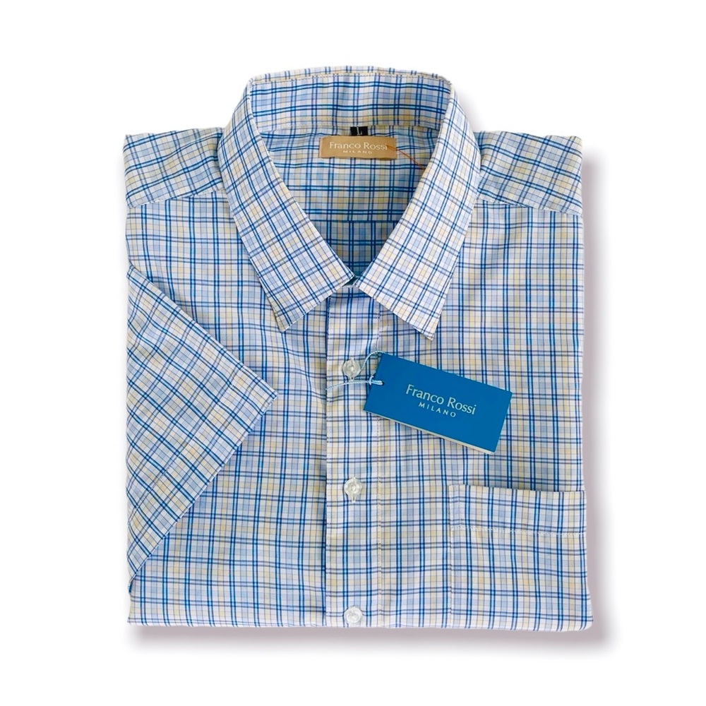 Franco Rossi Plaid Button Up Shirt Short Sleeves Pocket Lightweight